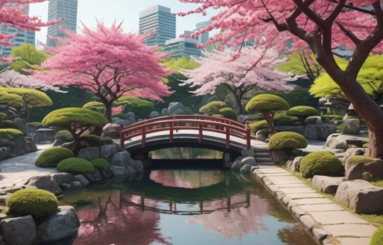 Image of Japanese garden in a big city.